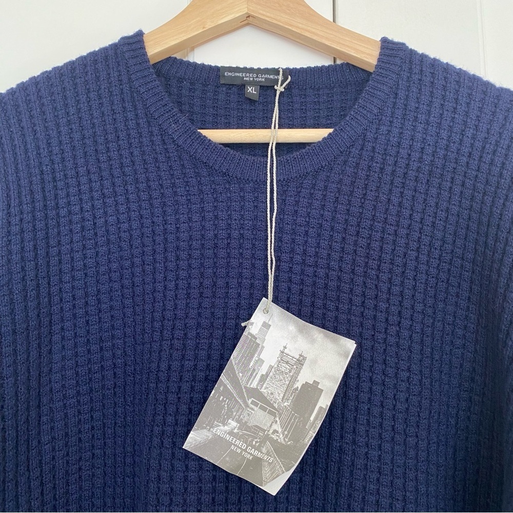 Engineered Garments Crew Neck Fisherman Sweater in Navy‎ Waffle - Picture 7 of 11